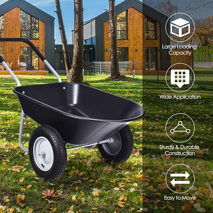 Goplus Dual Wheel Wheelbarrow, Heavy Duty Garden Cart, 330 lbs Capacity Utility Cart with Two 13 inches Pneumatic Tires for Outdoor Lawn Yard Farm Ranch Black