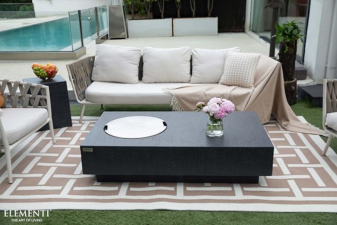 Elementi | Bundle Metropolis Gas Fire Pit Cast Concrete 56" Rectangular Fire Table, Outdoor Fire Pit Electronic Ignition | Canvas Cover, Lava Rock Included | Dark Gray (Propane Gas)