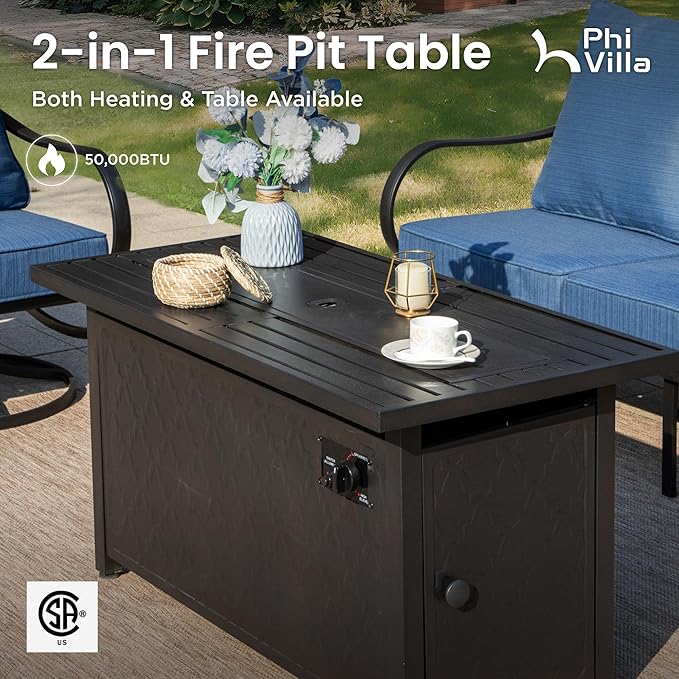 PHI VILLA Patio Furniture with 1 x 45 Metal FirePit Table, 1 x 3-Seat Wide Deep Seating Bench, 2 x Swivel Sofa Chairs & 2 Ottomans, 5.75" Thick Cushioned Outdoor Conversation Set for 5, Peacock Blue