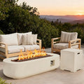 ECOTOUGE 2-Piece Gas Fire Pit, 60''Oval Outdoor Propane Fire Pit Table Set w/Tank Cover, Auto-Ignition Steel Fire Table, 50,000 BTU Concrete Fire Pit w/Weather-Resistant Pit Cover, Lava Rocks, White
