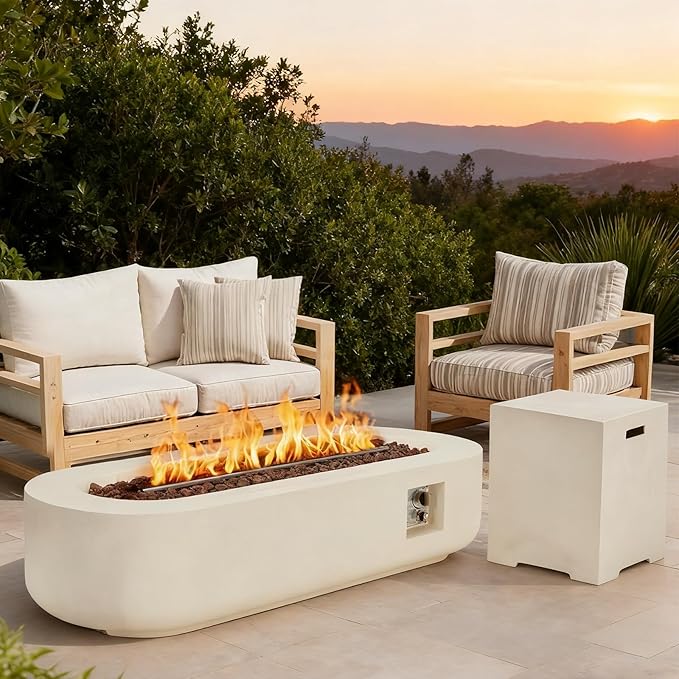 ECOTOUGE 2-Piece Gas Fire Pit, 60''Oval Outdoor Propane Fire Pit Table Set w/Tank Cover, Auto-Ignition Steel Fire Table, 50,000 BTU Concrete Fire Pit w/Weather-Resistant Pit Cover, Lava Rocks, White