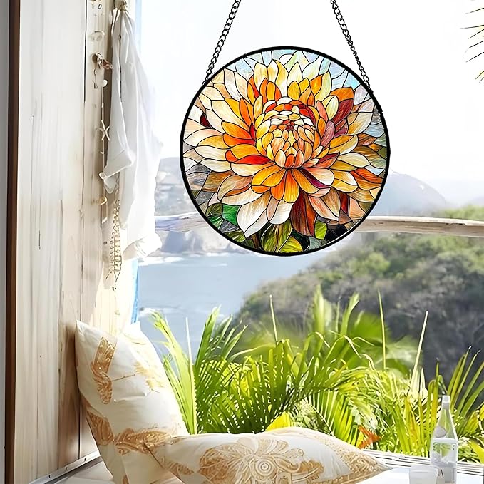 CRISGIF Stained Glass Window Hanging - Chrysanthemum Suncatcher for Doors Garden Patio Birth Flowers Sun Catchers Decor Christmas Mother's Day Birthday Gifts for Women Men Mom Nana Friend 7.8 in