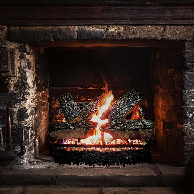 24" Premium Gas Logs - Match Light Kit Included - for Natural Gas Vented Fireplaces - Blazing Oak Design (Logs + Match Light Kit)