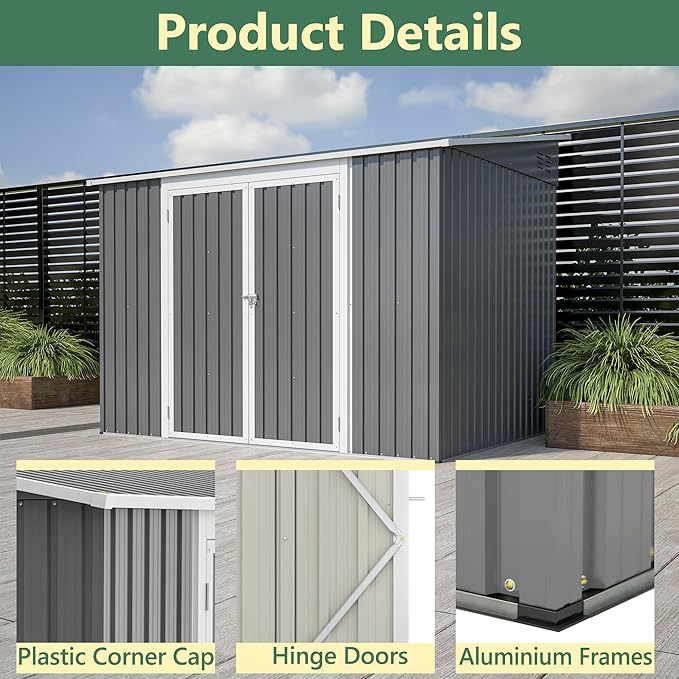 8x6 FT Outdoor Storage Shed W/Adjustable Lockable Double Side Doors,Metal Shed W/Floor Frame & 2 Air Vents,Garden Tool House W/Updated Frame Structure,for Backyard Patio Lawn,Gray