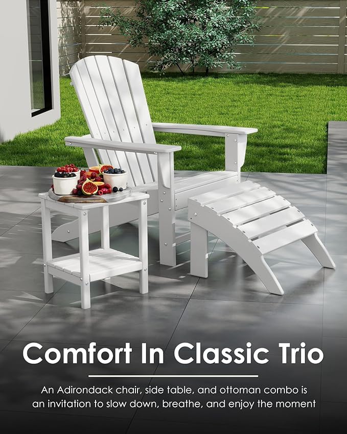 GREENVINES Adirondack Chair | HDPE Plastic | Oversized Fire Pit Chairs | All Weather | White | Poly Lumber | for Outdoor Deck Backyard Patio Garden