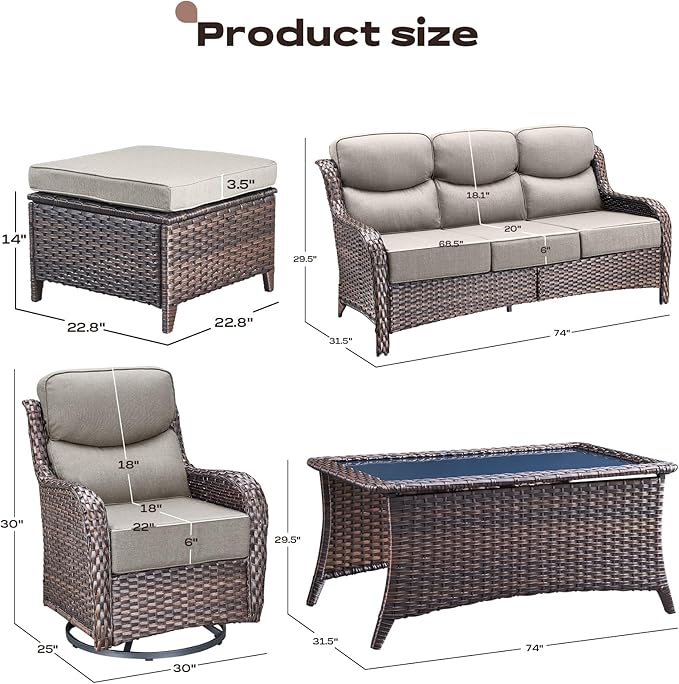 Rilyson Wicker Outdoor Patio Furniture Set - 8 Piece Patio Conversation Sets with Swivel Rocker Chairs, Ottomans, Sofa and Coffee Table, 6 inch Cushions, Deep Seating, for Porch Deck Brown/Beige