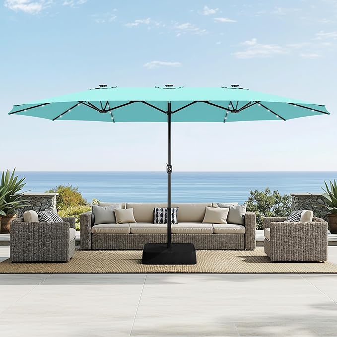 Sophia & William 15 ft Extra Large Patio Umbrella with Solar Lights, Rectangular Outdoor Umbrella with Base Included, Market Umbrella Double-sided Heavy Duty for Pool Garden Backyard, Turquoise