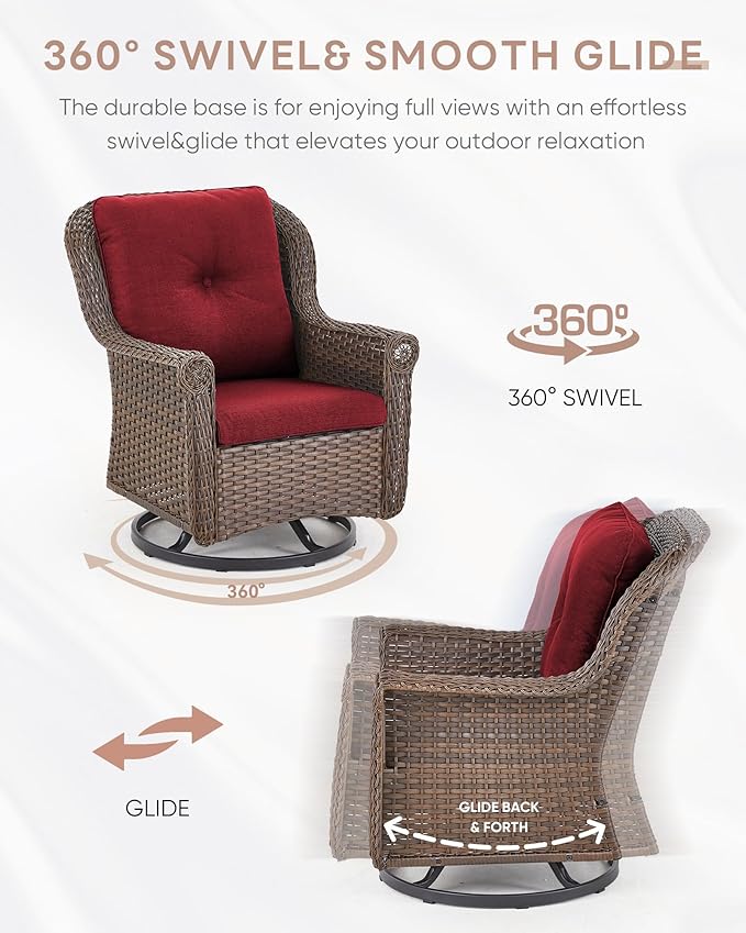 Patio Chairs Outdoor Swivel Glider - Set of 2 High Back Outside Brown Wicker Rattan Rocking Chair with Thick Cushion for Porch Apartment Deck Yard Poolside Garden - Red