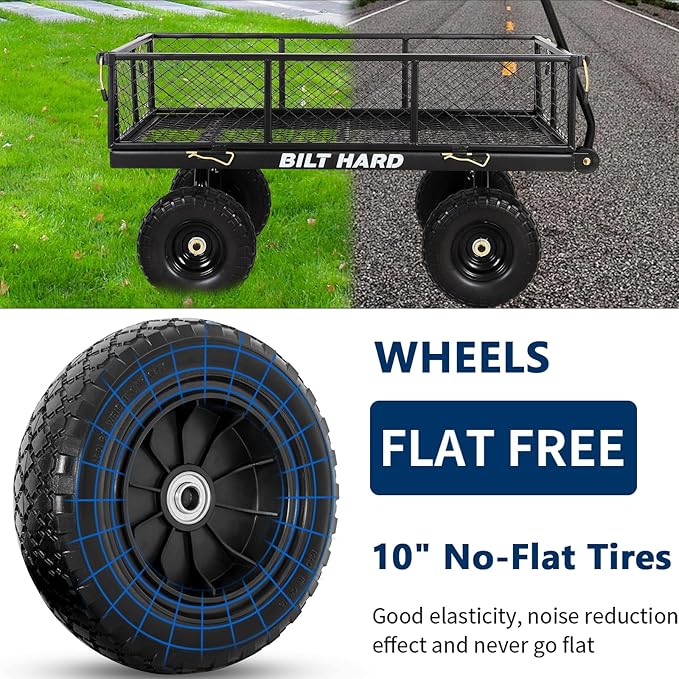 BILT HARD 400 lbs 10" Flat Free Tires Steel Garden Cart with 180° Rotating Handle and Removable Sides, 4 Cu.Ft Capacity Utility Heavy Duty Garden Carts and Wagons