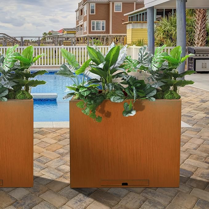 KOL Pre-Rusted Metal Steel 32''H Planter Box, Weathering Steel Planter Box,Rustic Finish Tall Rectangular Plant Pot, Modern Industrial & Residential Outdoor Indoor Use, 36" L.x11 W.x32 H. Rusty.