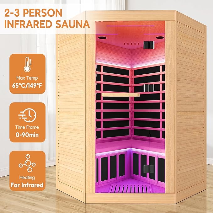 2-3 Person Sauna Corner Sauna Far Infrared Saunas Room Home Canadian Hemlock Indoor 2100W Low-EMF Dry Saunas with 7 Color Therapy 47.2 * 47.2 * 74.8inch