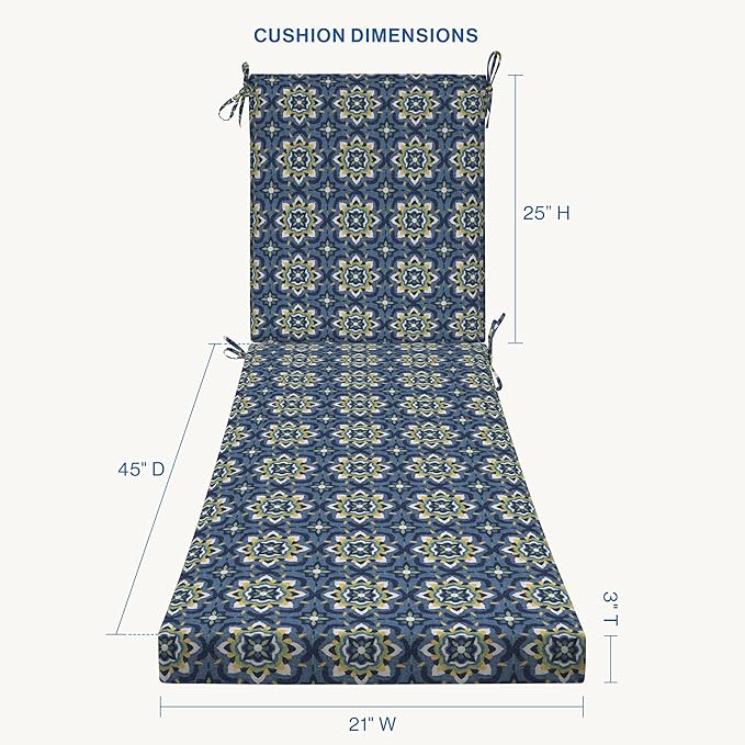 Honeycomb Outdoor Essentials Chaise Lounge, 21 x 70, Medina Medallion Blue Chair Cushion for Patio Furniture