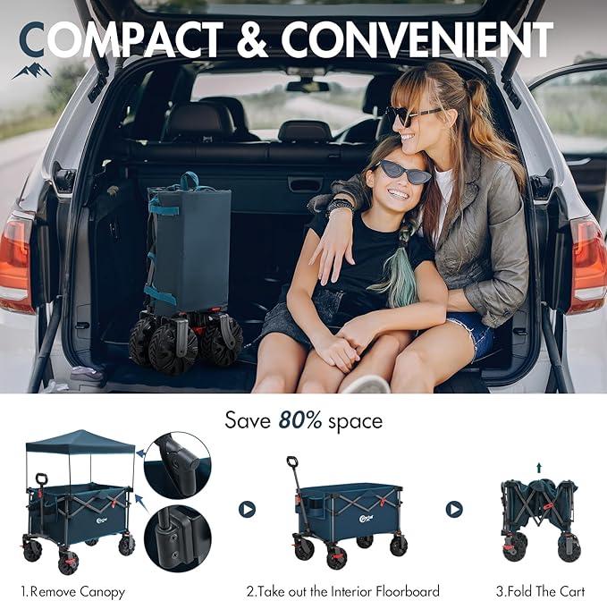 Portal 350L Collapsible Wagon Cart with Removable Canopy, 270LB Folding Utility Cart with Rear Door for Pet, Camping, Beach, and Outdoor Adventures