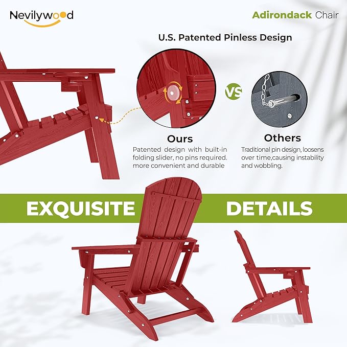nevilywood Folding Adirondack Chair with Cup Holder Set of 2,HDPE All-Weather Patio Chairs,Plastic Outdoor Chairs- Looks Exactly Like Real Wood- Red