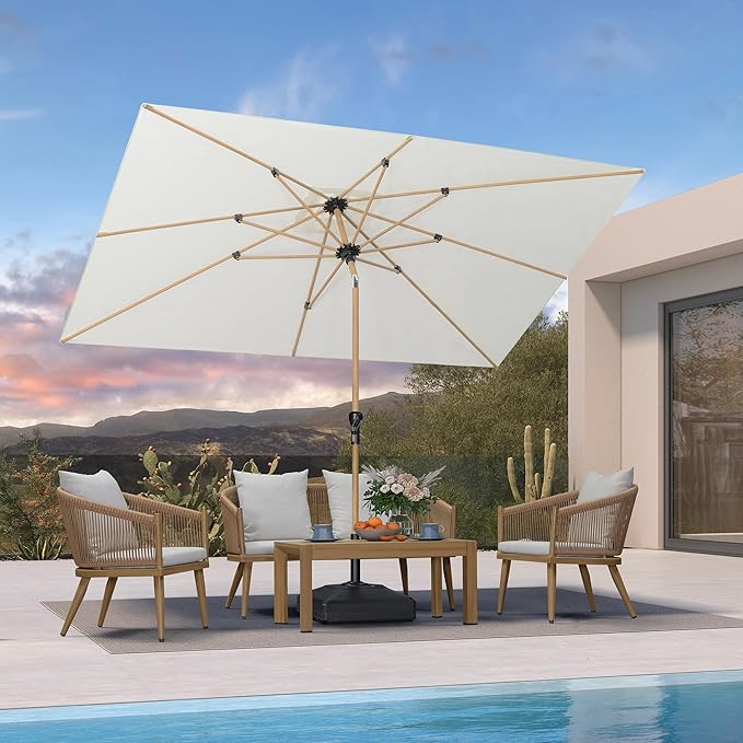 PURPLE LEAF 6.5' x 10' Outdoor Umbrella with Base Patio Umbrella Rectangular Outdoor Table Umbrella with Push Button Tilt & Crank and 8 Ribs Aluminum Market Umbrella for Backyard Deck, Cream