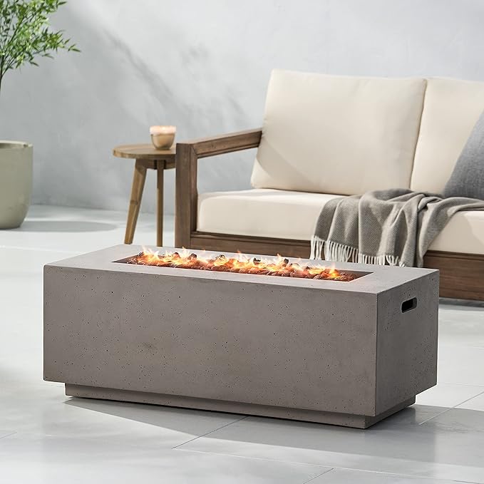 Outdoor Propane Fire Pit Table for Outside Patio, 40 Inch Concrete Fire Pit Table, Rectangle Gas Fire Pit for Garden, Pool, Backyard, 40,000 BTU, Free Lava Rocks, Light Grey