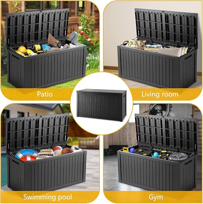 150 Gallon Deck Box, Resin Outdoor Indoor Waterproof Storage Box, Lockable Storage Box With Handle for Patio Furniture - Garden Tools - Swimming Pool Tools UV-Resistant, Black