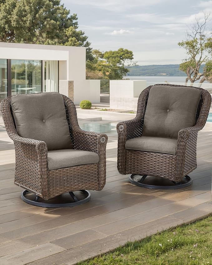Patio Chairs Outdoor Swivel Glider - Set of 2 High Back Outside Brown Wicker Rattan Rocking Chair with Zippered Cushion for Porch Apartment Deck Yard Poolside Garden - Grey