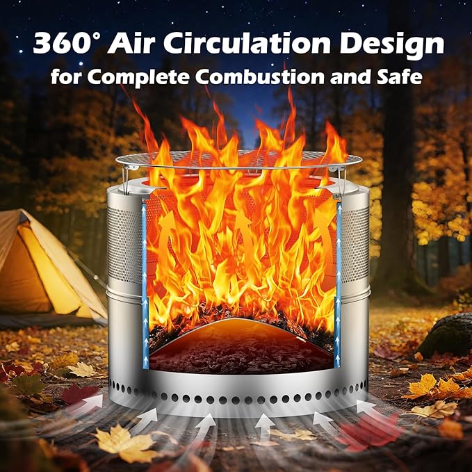 20 Inch Smokeless Fire Pits, Portable Firepit Stainless Steel Stove Bonfire, Outdoor Wood Burning Fireplace with Removable Ash Pan & Grill Rack, 360° Ventilation, for Camping, 4-6 People