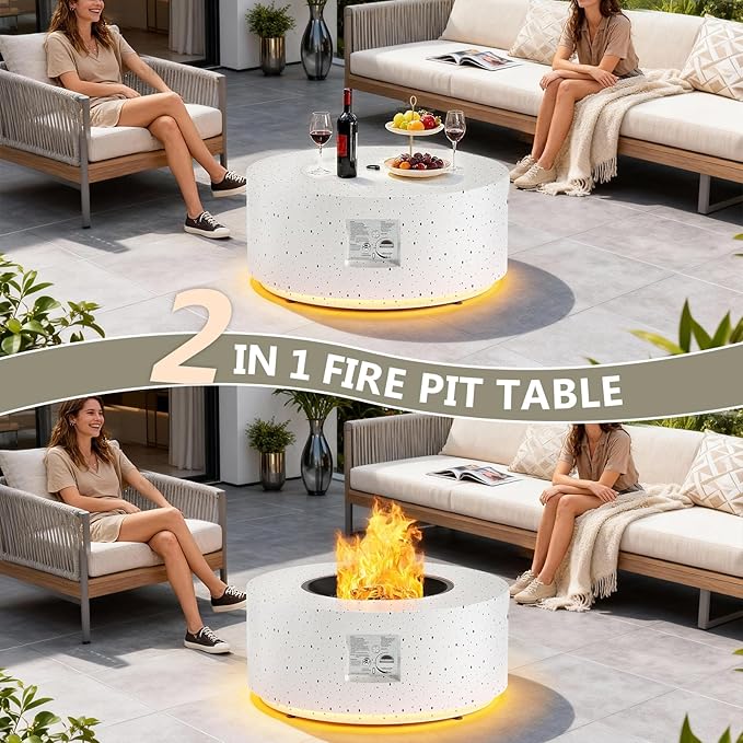 Dineli 2-Piece Outdoor Propane Fire Pit Table Set w Tank Table 30'' Round Fire Pit Table 2-in-1 Firepit Table for Outside Patio Gas Fire Pit w LED, 50,000 BTU, Speckled White with Warmlight