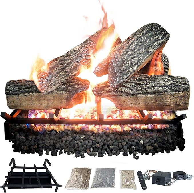 18" Premium Gas Logs - Remote Control Kit Included - for Liquid Propane Vented Fireplaces - Blazing Oak Design (Logs + Remote Light Kit)
