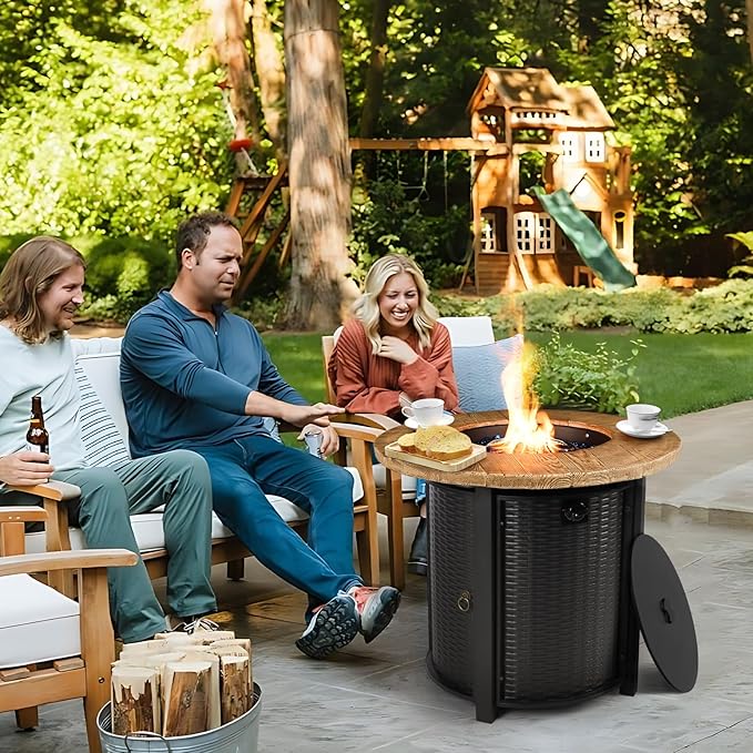 30 Inch Round Propane Fire Pit,50,000 BTU Iron Gas Firepit with Ignition Systems,w/Lid,Glass Stones,Outdoor Fire Table for Outside Patio,Deck-Black