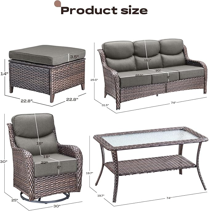 Rilyson Wicker Outdoor Patio Furniture Set - 6 Piece Patio Conversation Sets with Swivel Rocker Chairs, Ottomans, Sofa and Table, 6 inch Cushions, Deep Seating, for Porch Deck Brown/Grey