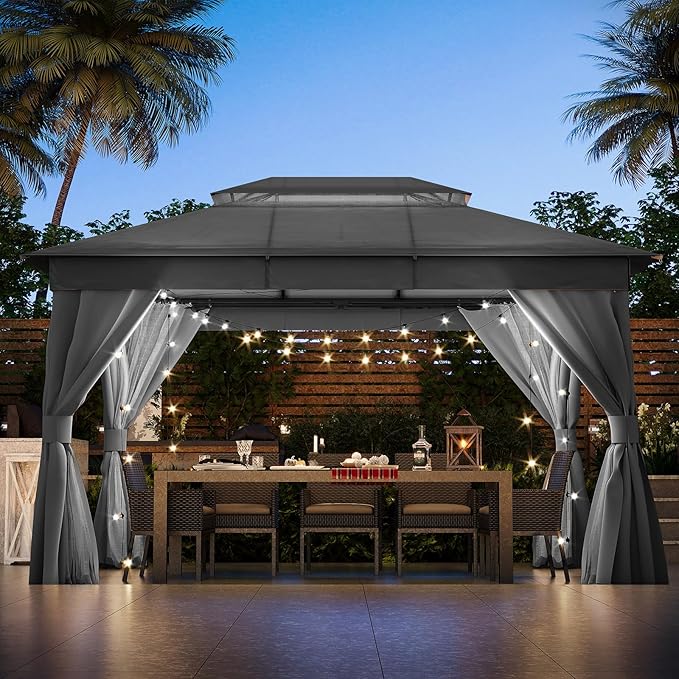 LAUSAINT HOME Outdoor Patio Gazebo 10'x13' with Expansion Bolts, Heavy Duty Party Tent & Shelter with Double Roofs, Mosquito Nettings and Privacy Screens for Backyard (Grey)