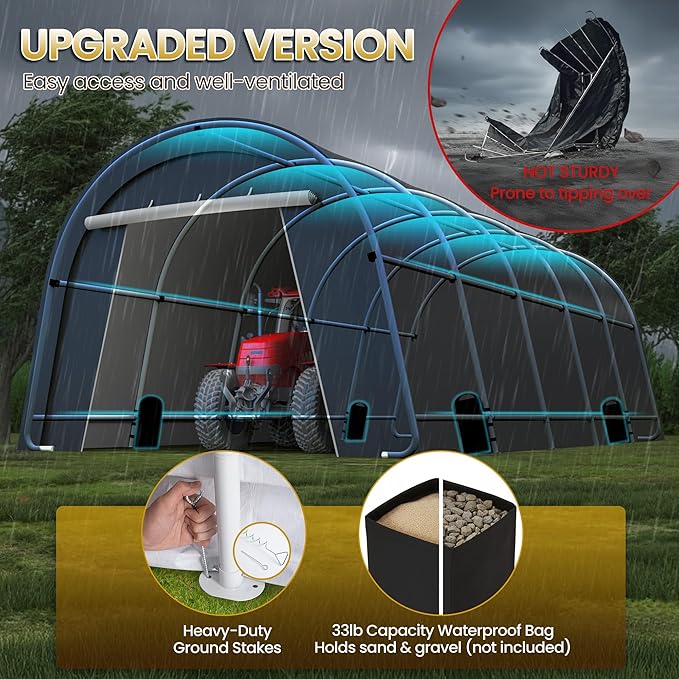 Kiss the Water Domed Carport with 4 Cloth Bags, Portable Garage with 2 Roll-up Doors, Heavy Duty Car Canopy Party Tent, All-Season Storage Shelter Shed for Boat, Truck, or Garden Tools, 12' x 25'