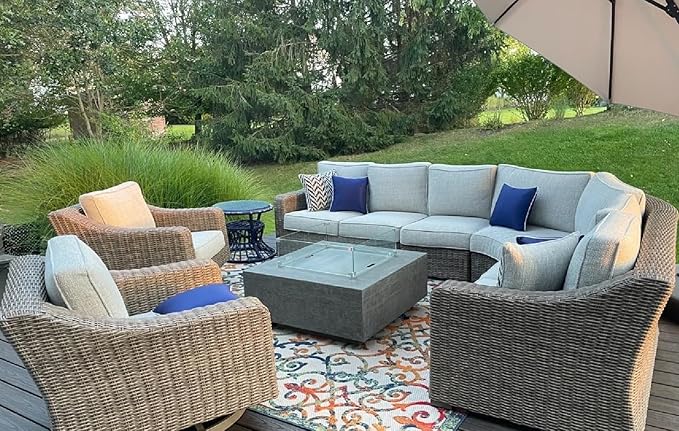 AMS Creations | Albany Square Natural Gas Outdoor Fire Pit Table | Concrete GFRC Fire Pit Table | with SS Burner, Canvas Cover, SS Lid, Lava Rock, and Wind Guard Included (Fuel Type: Natural Gas)