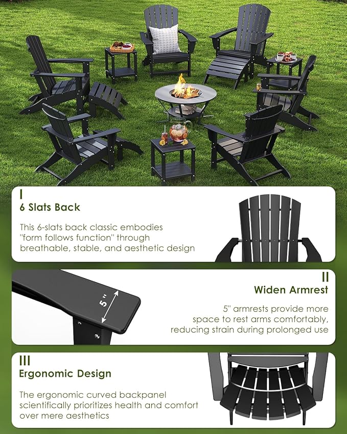 GREENVINES Adirondack Chair | HDPE Plastic | Oversized Fire Pit Chairs | All Weather | Black | Poly Lumber | for Outdoor Deck Backyard Patio Garden
