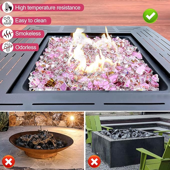 GasSaf 1/2 Inch Fire Glass Reflective Tempered Fireglass Cut Crushed FireGlass for Fire Pit, Fireplace, Replaces Existing Gas Logs & Lava Rocks(20 Pound)(Rose Gold Reflective)