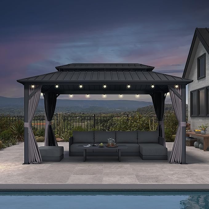 PURPLE LEAF 08'x14' Hardtop Gazebo with Lights Wind Resistant Galvanized Steel Dual Layer Double Roof Outdoor Patio Pavilion Including Netting and Privacy Curtains for Lawn Garden Backyard Grey