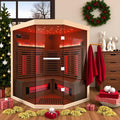 3-4 Person Infrared Home Sauna-Corner Sauna Spa Room w/Himalayan Salt Therapy & Starry Sky Spa,Canadian Hemlock, Tempered Glass (220V, ETL Certified)