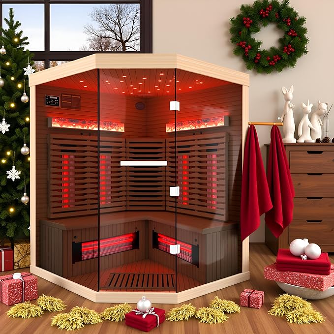 3-4 Person Infrared Home Sauna-Corner Sauna Spa Room w/Himalayan Salt Therapy & Starry Sky Spa,Canadian Hemlock, Tempered Glass (220V, ETL Certified)