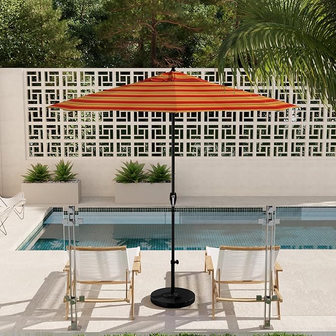 California Umbrella 9' Rd Aluminum Patio Umbrella, Crank Lift, Auto Tilt, Black Finish, Sunbrella Astoria Sunset