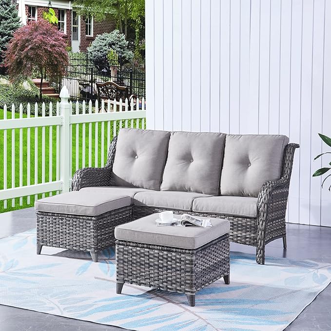 HUMMUH 3 Piece Patio Furniture Set All Weather Wicker Outdoor Sectional Sofa Manual Weaving Rattan High Curved Back Patio Couch with Ottomans