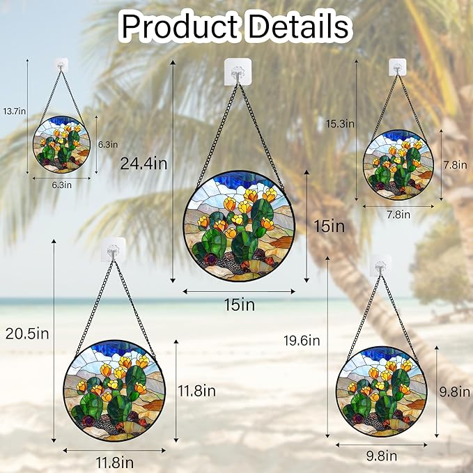 QZQCBLC Stained Glass Window Hanging Green Cactus with Yellow Flowers 6.3" - Suncatcher Door Garden Sun Catcher Home Decor Birthday Christmas for Woman Nana Friend Men Kids