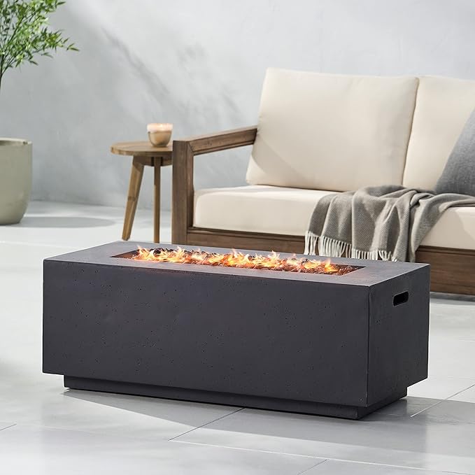 Outdoor Propane Fire Pit Table for Outside Patio, 40 Inch Concrete Fire Pit Table, Rectangle Gas Fire Pit for Garden, Pool, Backyard, 40,000 BTU, Free Lava Rocks, Dark Gray