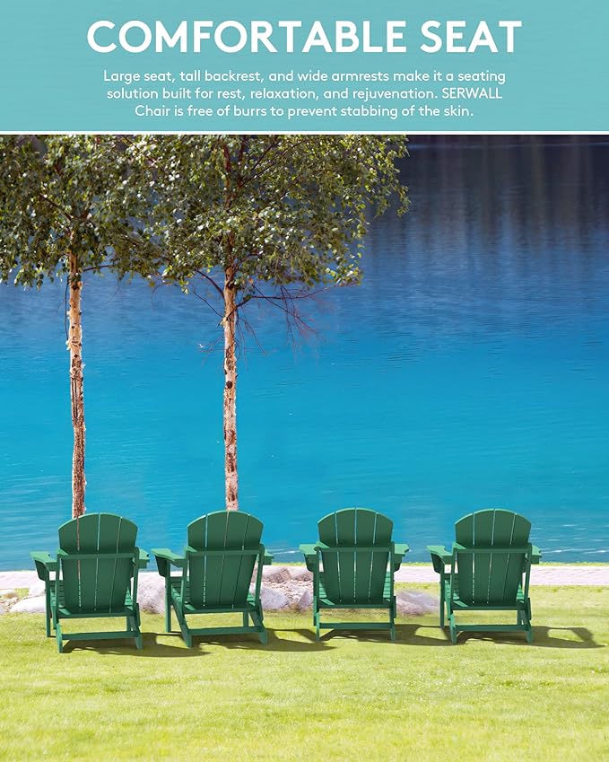 SERWALL Folding Adirondack Chair Painted Adirondack Chair Set of 6 Weather Resistant for Patio Deck Garden, Fire Pit & Lawn Furniture Porch - Green