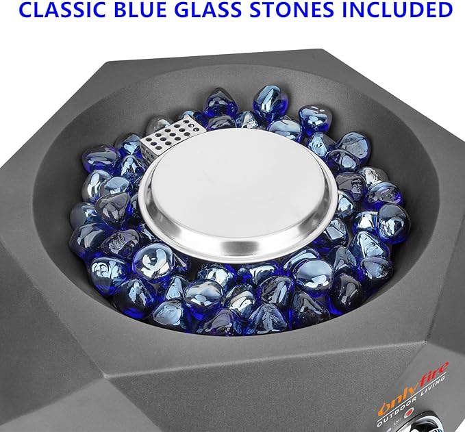 ONLYFIRE OUTDOOR LIVING Propane Gas Fire Pit Bottom-Mounted, 14" Portable Gas Firepit with Glass Stones for Table with Umbrella Hole for Outdoor Patio Camping Bonfire RV, #FP003