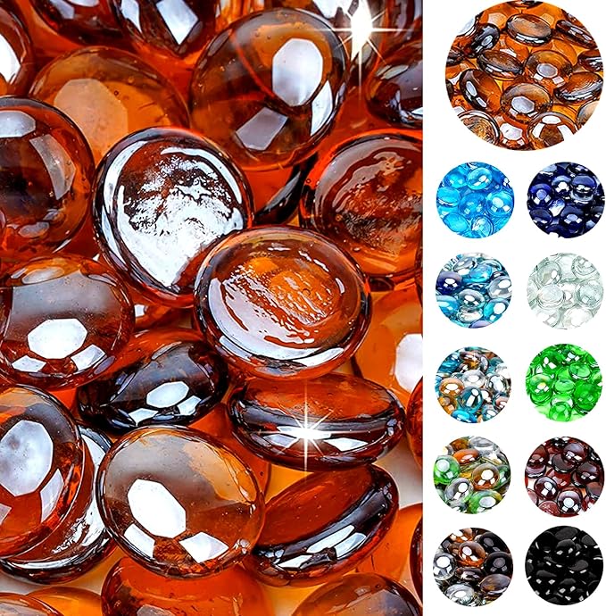 onlyfire 10 Pounds Fire Glass Beads for Propane Fire Pit and Gas Fireplace, 1/2 Inch Round Firepit Glass Rocks Flat Marbles for Fire Pit Table, Caramel