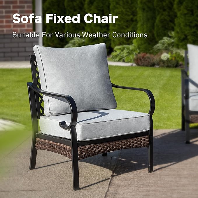 SUNSHINE VALLEY 4 Piece Metal Outdoor Patio Furniture Set, Patio Conversation Sets 1 3-seater Sofa, 2 Chairs with 5.75" Extra Thick Cushion and Coffee Table, Black Frame Backyard Furniture, Light Gray