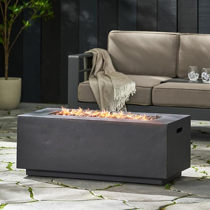 Outdoor Propane Fire Pit Table for Outside Patio, 40 Inch Concrete Fire Pit Table, Rectangle Gas Fire Pit for Garden, Pool, Backyard, 40,000 BTU, Free Lava Rocks, Dark Gray