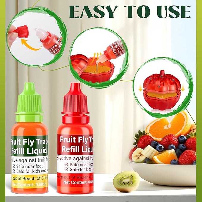 Fruit Fly Trap Refill Liquid, 12 Pack Wasp Bees Traps Refill Liquids, Effective Mosquito Gnat Fly Killer Bait Refill for Indoor Outdoor Tabletop Kitchen Plants, Safe Near Pets and Food