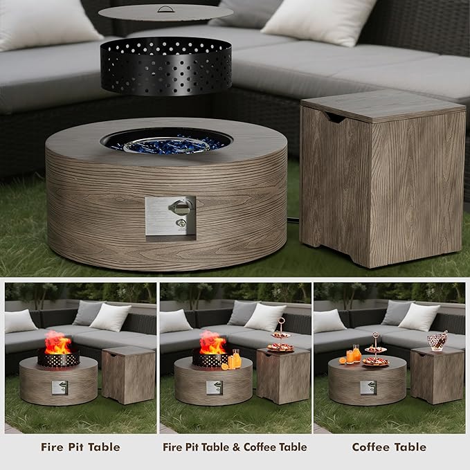 30" Round Propane Fire Pit Table - 50K BTU with Lid, Rocks Tank Storage and Cover - Round Gas Fire Pits for Outside Patio - Outdoor Table with Firepit (Teak Finish, 30" Round)