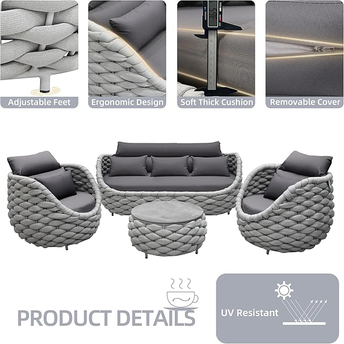 TWT 6-Piece Aluminum Patio Furniture Set, Modern Outdoor Conversation Set Sectional Sofa with Water Repellent Thick Cushions and Coffee Table for Balcony, Garden