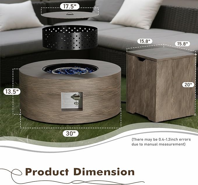30" Round Propane Fire Pit Table - 50K BTU with Lid, Rocks Tank Storage and Cover - Round Gas Fire Pits for Outside Patio - Outdoor Table with Firepit (Teak Finish, 30" Round)