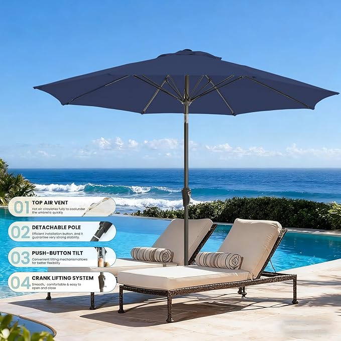 9FT Large Outdoor Patio Umbrella Market Table Umbrella-UV Resistant, Easy Push Button Tilt and Crank, 8 Sturdy Ribs Heavy-Duty Pool Umbrella for Deck, Backyard,Garden,Navy