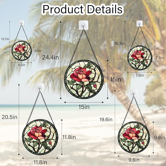 AMDERVEN Stained Glass Window Hanging, Red Rose Flowers Sun Catcher for Door Garden Home Decor Suncatcher Christmas Mother's Day Birthday Gifts for Women Lovers Men Wife Girlfriend Mom Nana 6.3 in